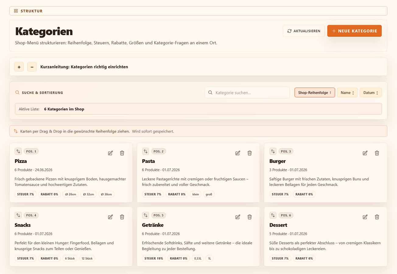 bringeat Kategorien-Übersicht mit Drag-and-Drop-Reihenfolge