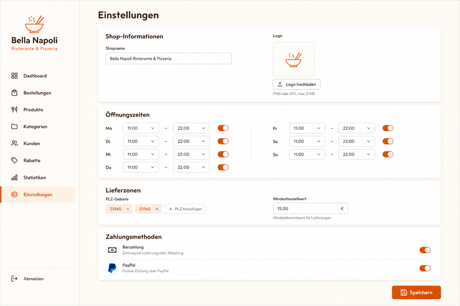 bringeat Einstellungen: Öffnungszeiten, Lieferzonen und Zahlungsmethoden